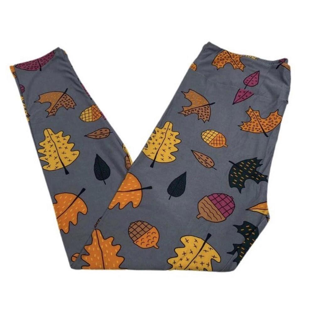 LuLaRoe Leggings Size TC 12-18 GRAY Background W/ Leaf Autumn LEAVES Fall Acorn